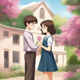 A digital art image for a school romance book cover featuring a young boy offering a flower to a girl