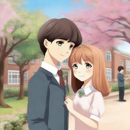 A digital art image for a school romance book cover featuring a young boy offering a flower to a girl