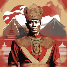 Create an image of an Indonesian hero, showcasing traditional Indonesian attire and cultural elements