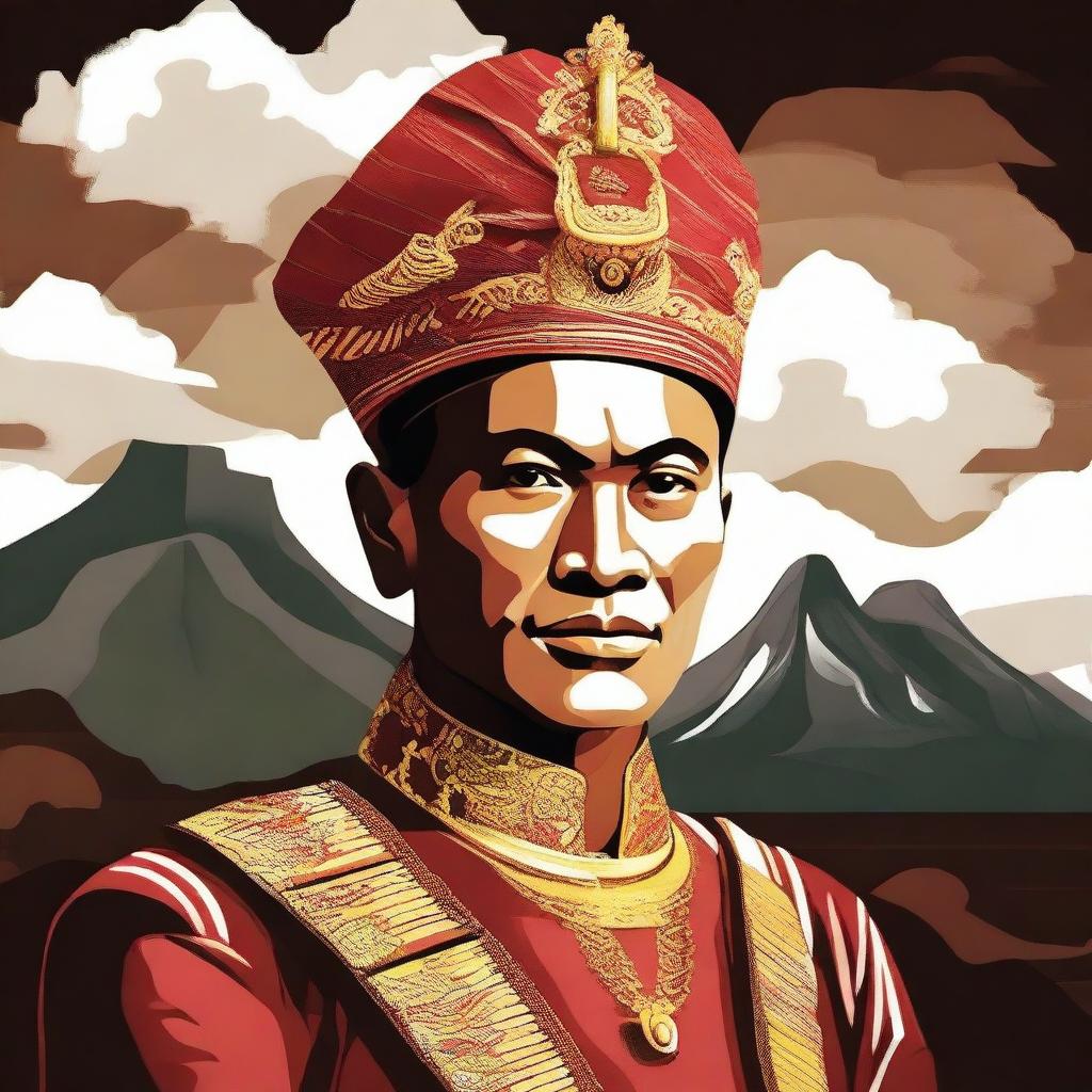 Create an image of an Indonesian hero, showcasing traditional Indonesian attire and cultural elements