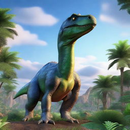 A detailed and realistic image of a dinosaur in its natural habitat, showcasing its features and surroundings with lush vegetation and a vibrant sky