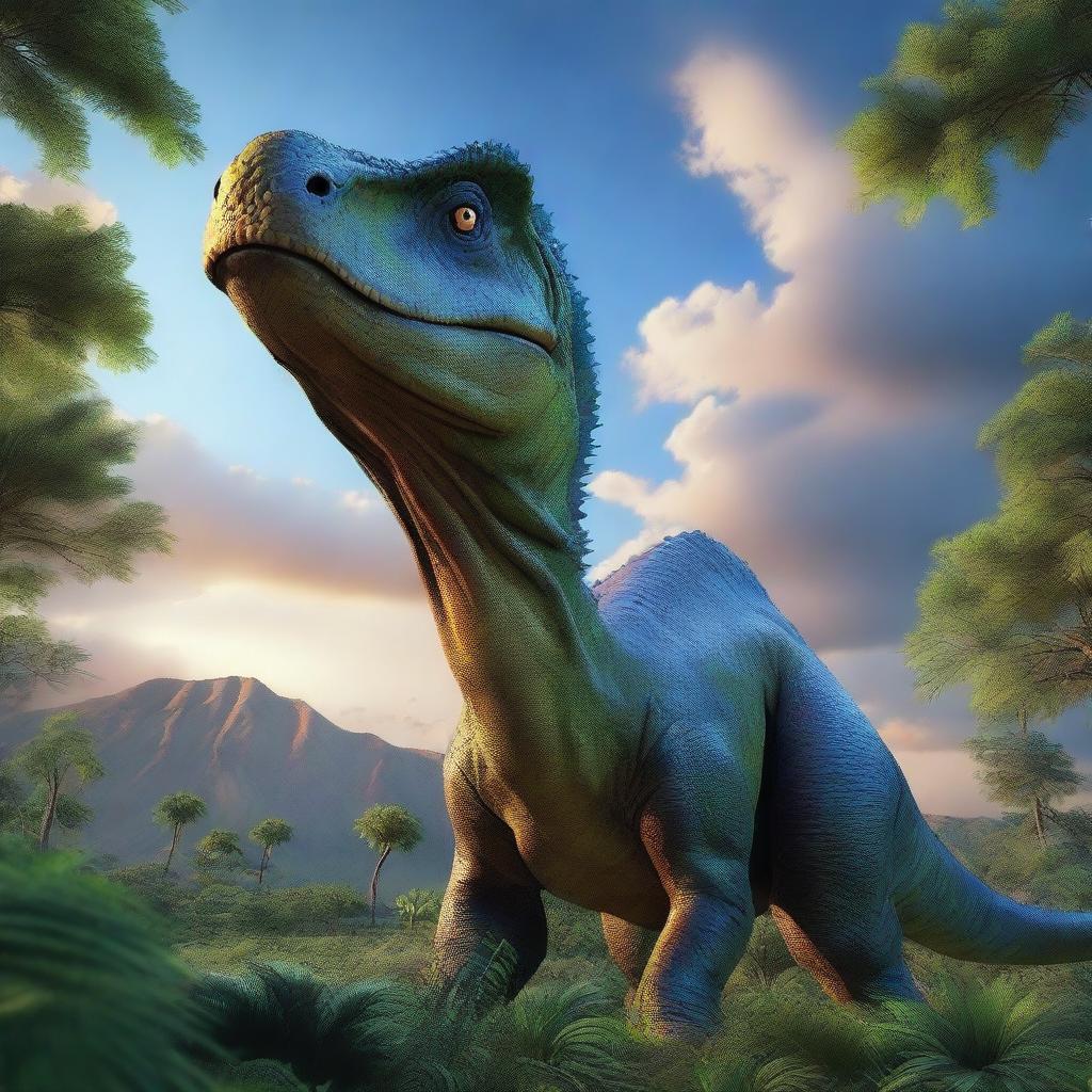 A detailed and realistic image of a dinosaur in its natural habitat, showcasing its features and surroundings with lush vegetation and a vibrant sky