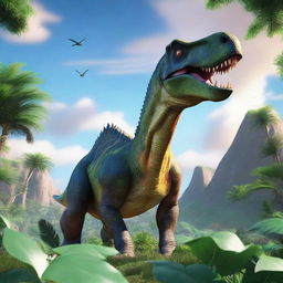 A detailed and realistic image of a dinosaur in its natural habitat, showcasing its features and surroundings with lush vegetation and a vibrant sky