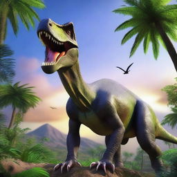 A detailed and realistic image of a dinosaur in its natural habitat, showcasing its features and surroundings with lush vegetation and a vibrant sky