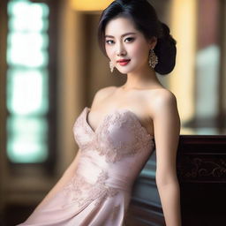 A beautiful Asian woman with an attractive figure, dressed elegantly in a formal dress