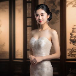 A beautiful Asian woman with an attractive figure, dressed elegantly in a formal dress