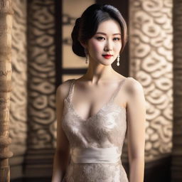 A beautiful Asian woman with an attractive figure, dressed elegantly in a formal dress