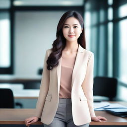 A beautiful Asian woman with an attractive figure, dressed in a stylish office outfit