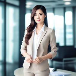 A beautiful Asian woman with an attractive figure, dressed in a stylish office outfit