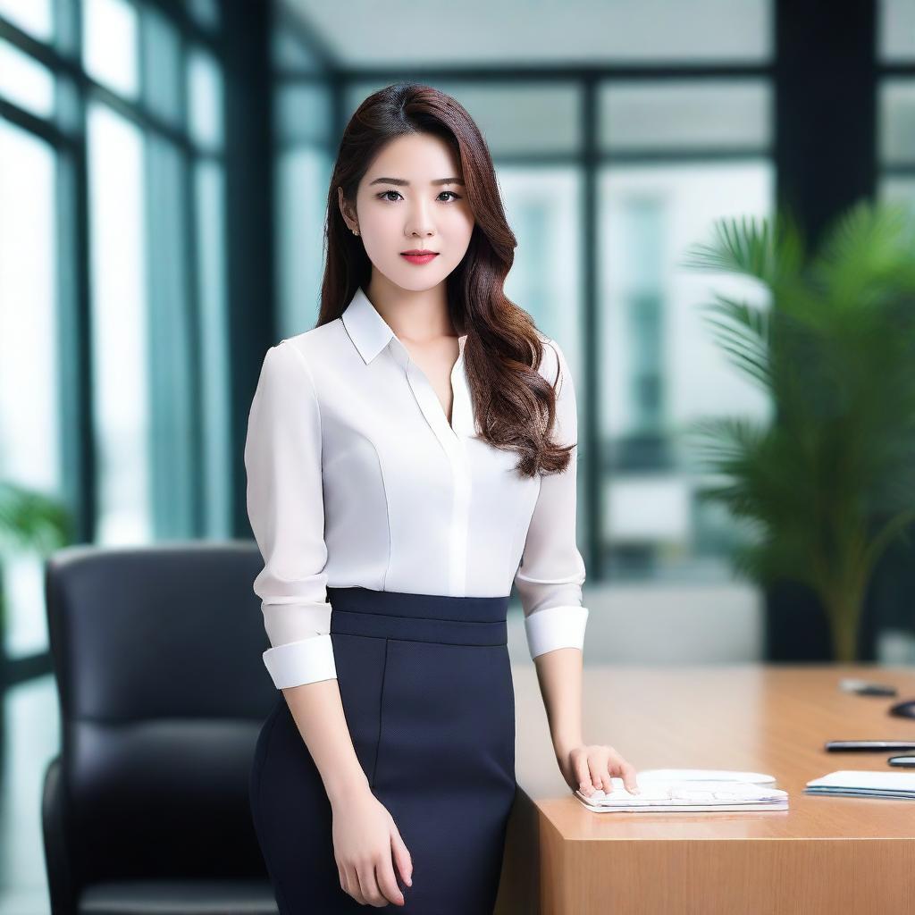 A beautiful Asian woman with an attractive figure, dressed in a stylish office outfit