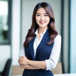 A beautiful Asian woman with an attractive figure, dressed in a stylish office outfit