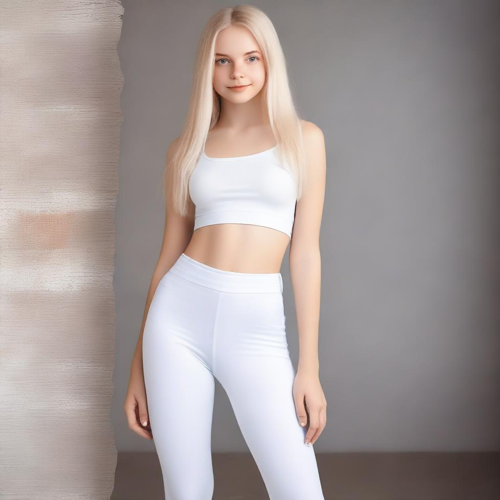 A teenage girl from Ukraine with blond hair and blue eyes, having a slim body, is wearing white leggings