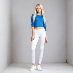 A teenage girl from Ukraine with blond hair and blue eyes, having a slim body, is wearing white leggings