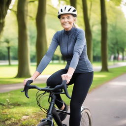 A mature woman from Europe with a slim body is riding a bicycle while wearing sport leggings