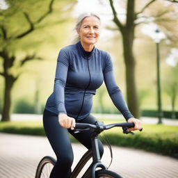 A mature woman from Europe with a slim body is riding a bicycle while wearing sport leggings