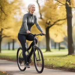 A mature woman from Europe with a slim body is riding a bicycle while wearing sport leggings