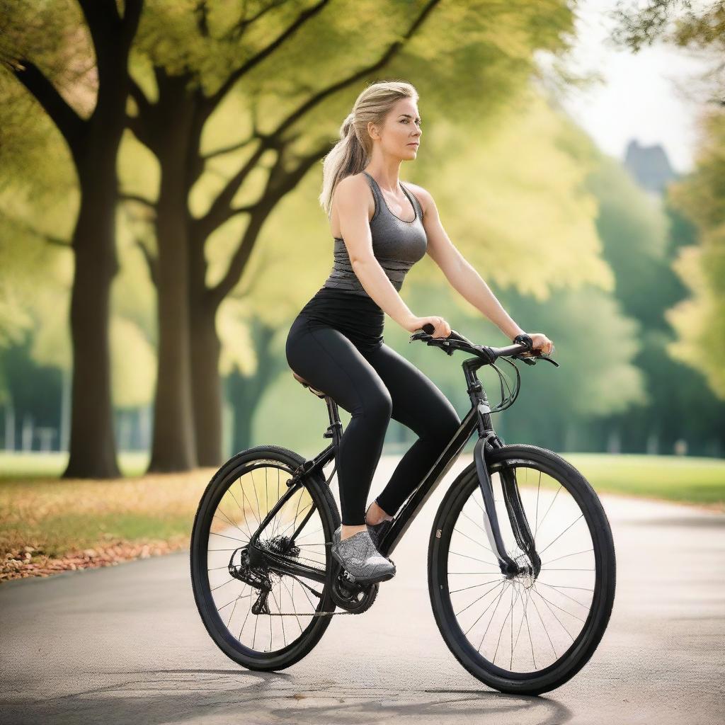 A woman from Europe with a slim body is riding a bicycle while wearing sport leggings