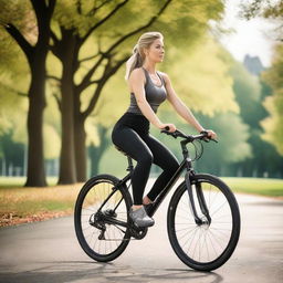 A woman from Europe with a slim body is riding a bicycle while wearing sport leggings