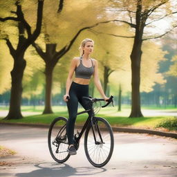 A woman from Europe with a slim body is riding a bicycle while wearing sport leggings