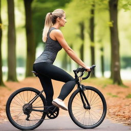 A woman from Europe with a slim body is riding a bicycle while wearing sport leggings