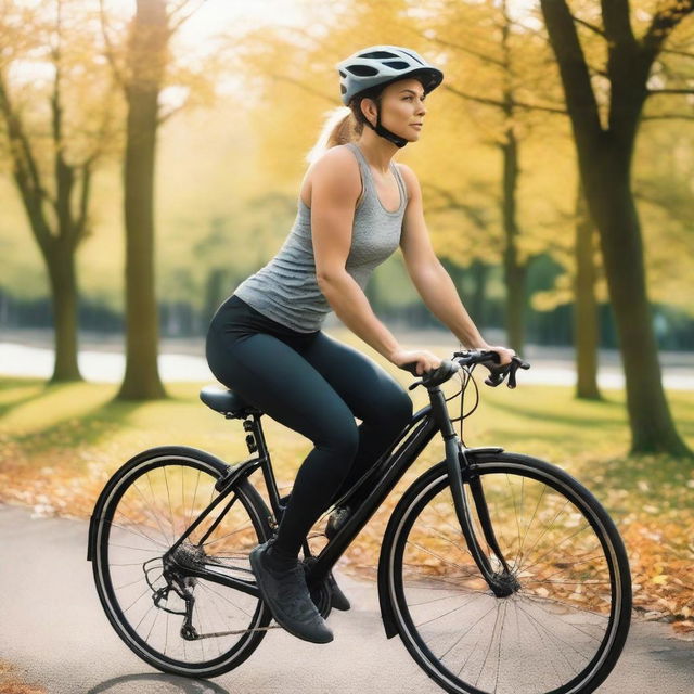 A woman from Europe with a slim body is riding a bicycle while wearing sport leggings