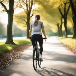 A woman from Europe with a slim body is riding a bicycle while wearing sport leggings