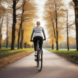 A woman from Europe with a slim body is riding a bicycle while wearing sport leggings