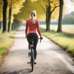 A woman from Europe with a slim body is riding a bicycle while wearing sport leggings