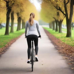 A woman from Europe with a slim body is riding a bicycle while wearing sport leggings