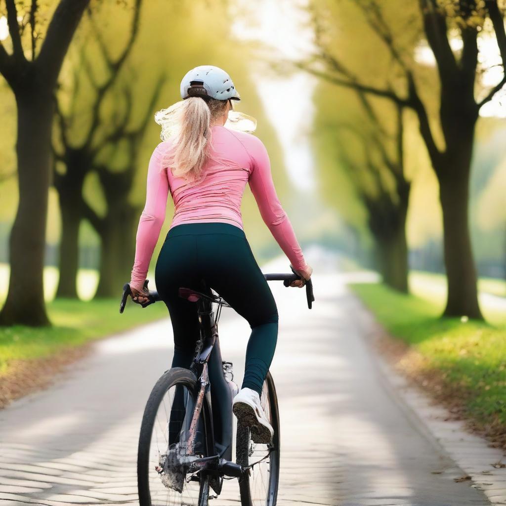 A close-up picture of a woman from Europe with a slim body riding a bicycle while wearing sport leggings