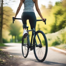 A close-up picture of a woman from Europe with a slim body riding a bicycle while wearing sport leggings