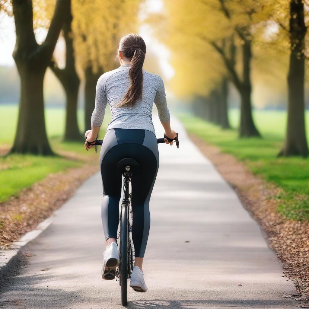 A close-up picture of a woman from Europe with a slim body riding a bicycle while wearing sport leggings