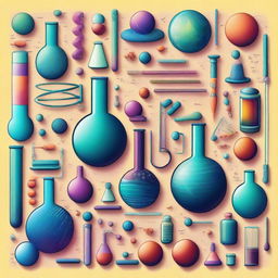 A vibrant and detailed illustration depicting various scientific elements such as laboratory equipment, chemical reactions, DNA strands, and planets