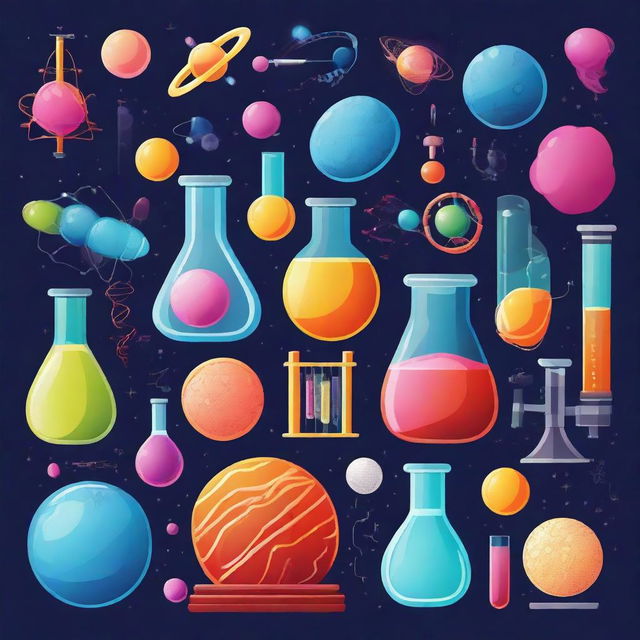 A vibrant and detailed illustration depicting various scientific elements such as laboratory equipment, chemical reactions, DNA strands, and planets