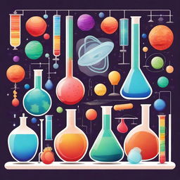 A vibrant and detailed illustration depicting various scientific elements such as laboratory equipment, chemical reactions, DNA strands, and planets