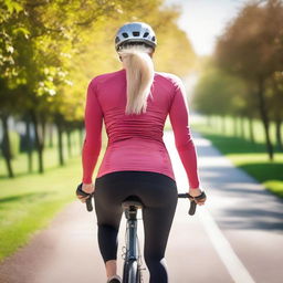 A close-up picture of a woman over 40 from Europe with a slim body riding a bicycle while wearing sport leggings