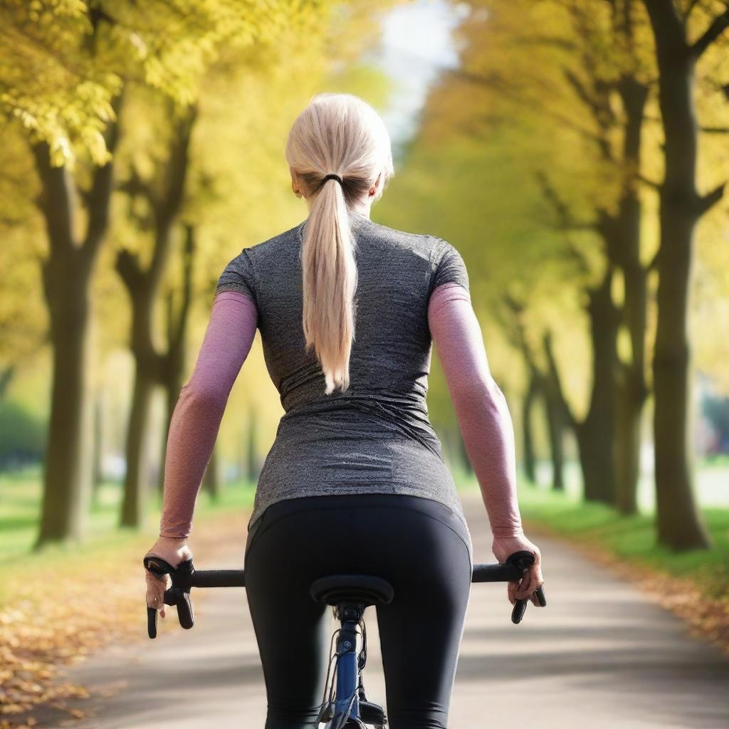 A close-up picture of a woman over 40 from Europe with a slim body riding a bicycle while wearing sport leggings