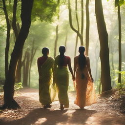 A serene scene featuring Indian women in traditional attire walking through a lush, green forest