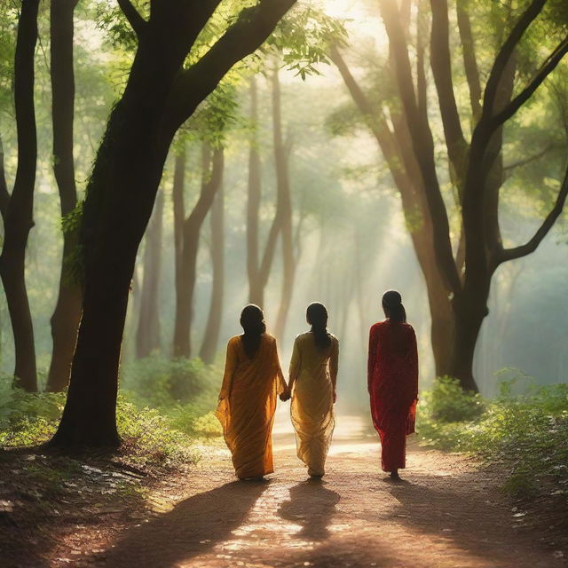 A serene scene featuring Indian women in traditional attire walking through a lush, green forest