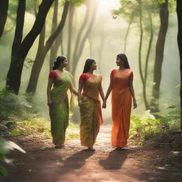 A serene scene featuring Indian women in traditional attire walking through a lush, green forest