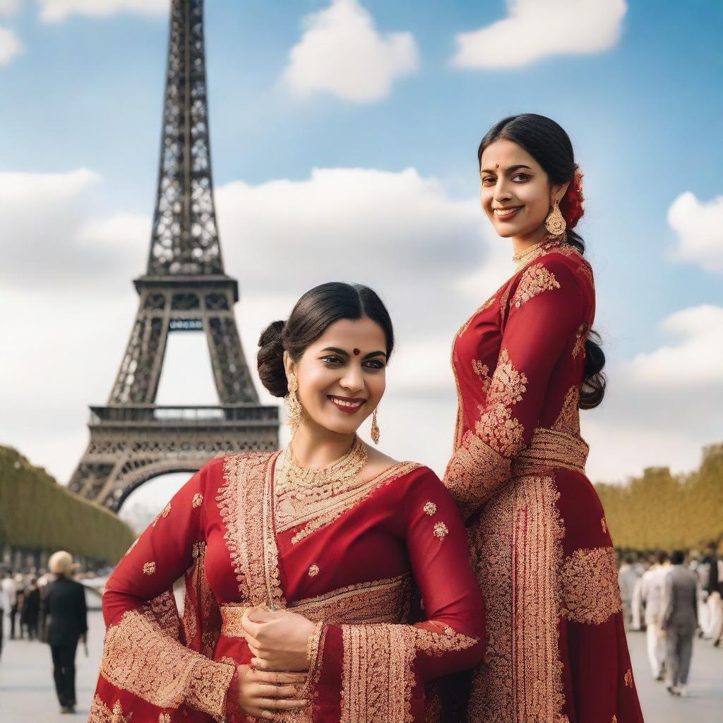 A picturesque scene featuring Indian women in traditional attire standing near the Eiffel Tower in Paris