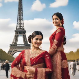 A picturesque scene featuring Indian women in traditional attire standing near the Eiffel Tower in Paris