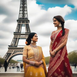 A picturesque scene featuring Indian women in traditional attire standing near the Eiffel Tower in Paris