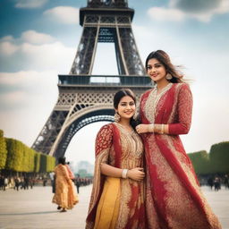 A picturesque scene featuring Indian women in traditional attire standing near the Eiffel Tower in Paris