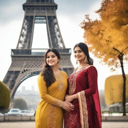 A picturesque scene featuring Indian women in traditional attire standing near the Eiffel Tower in Paris