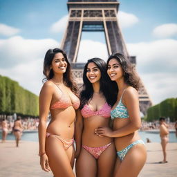 A scene featuring Indian women wearing bikinis standing near the Eiffel Tower in Paris