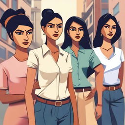 A stylized depiction of Indian women with exaggerated physical features