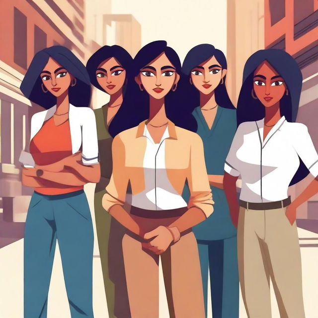 A stylized depiction of Indian women with exaggerated physical features