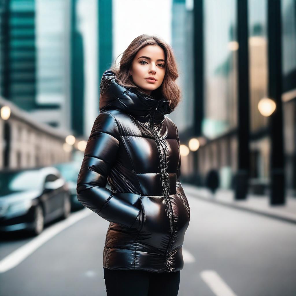 A stylish young woman wearing a tight, shiny black puffer jacket