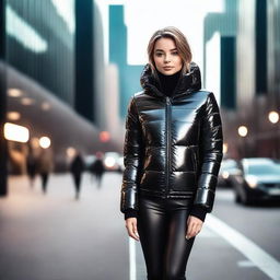 A stylish young woman wearing a tight, shiny black puffer jacket